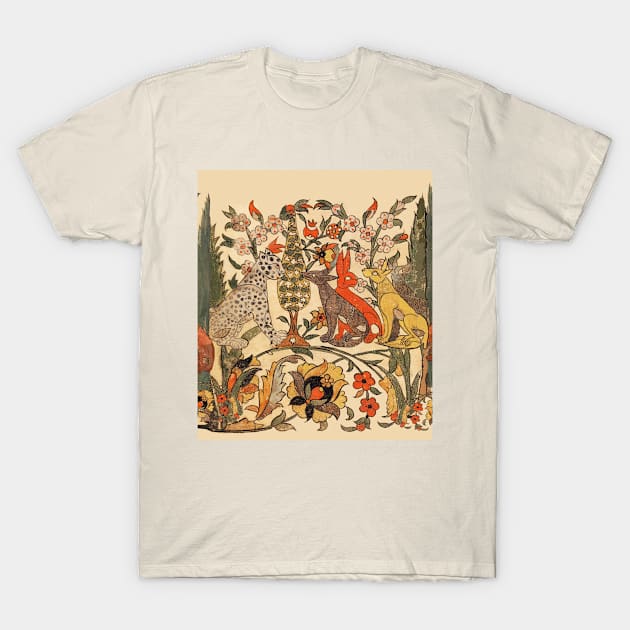 FOREST ANIMALS ,LEOPARD, JACKALS, RABBITS AMONG FLOWERS AND LEAVES T-Shirt by BulganLumini